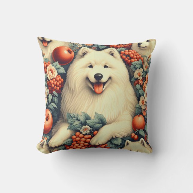 Cute Samoyed Floral Painting Cushion (Front)