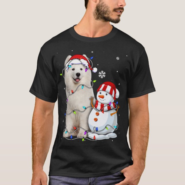 Cute Samoyed Santa Hat Christmas Light Xmas T-Shirt (Front)