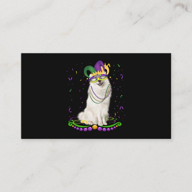 Cute Samoyed Wearing Carnival Mask Mardi Gras Dogs Business Card (Front)