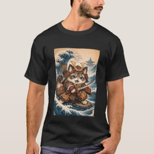 Cute Samurai Cat Great Wave Japanese Art - Funny V T-Shirt