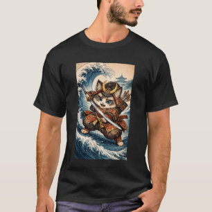 Cute Samurai Cat Great Wave Japanese Art - Funny V T-Shirt