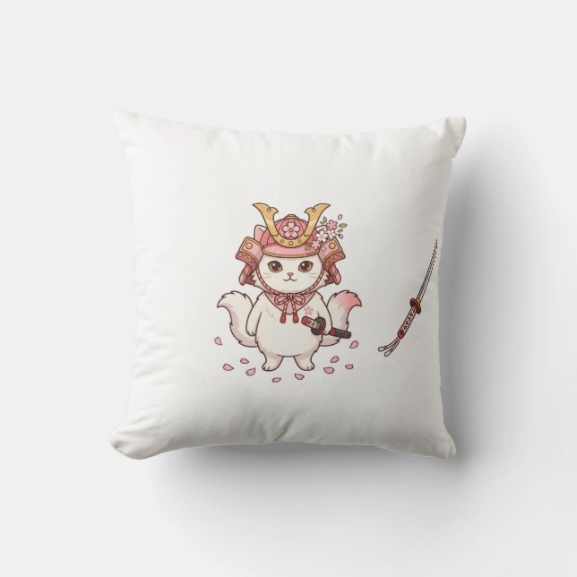Cute Samurai Cat in Pink Sakura Helmet Cushion (Front)