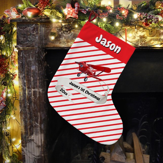 Cute Santa & Aeroplane,First Christmas,Personalise Large Christmas Stocking (Creator Uploaded)