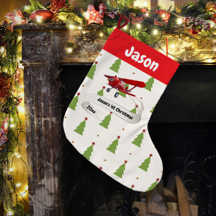 Cute Santa & Aeroplane,First Christmas,Personalise Large Christmas Stocking