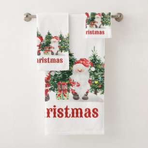 Cute Santa and Christmas Trees Watercolor  Bath Towel Set