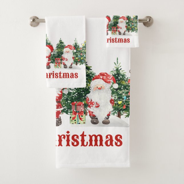 Cute Santa and Christmas Trees Watercolor  Bath Towel Set (Insitu)