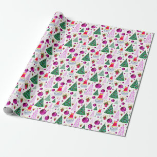 Cute Santa and Christmas Trees Watercolor Pattern Wrapping Paper