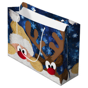 Cute Santa and His Reindeer Large Gift Bag