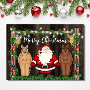 Cute Santa and Horses in Barn Merry Christmas Holiday Card