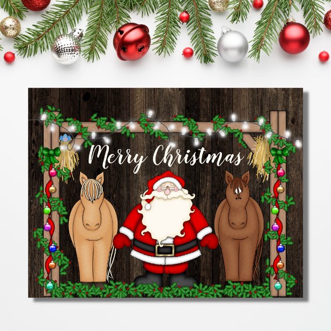Cute Santa and Horses in Barn Merry Christmas Holiday Postcard (Creator Uploaded)