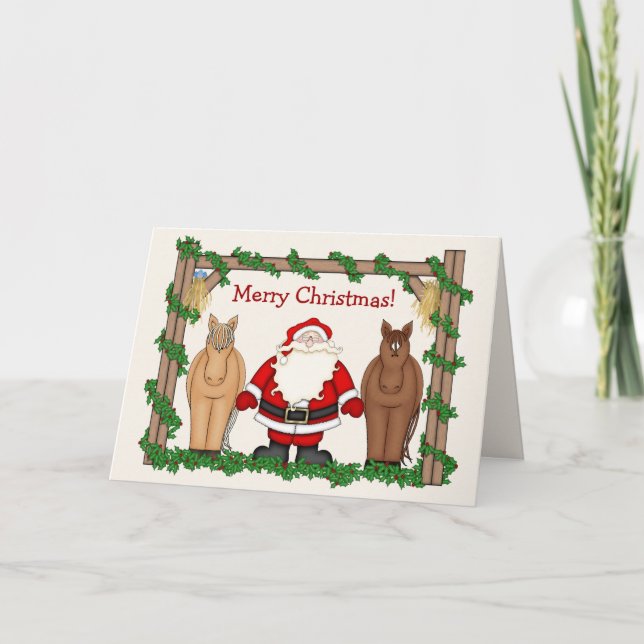 Cute Santa and Horses Merry Christmas Holiday Card (Front)