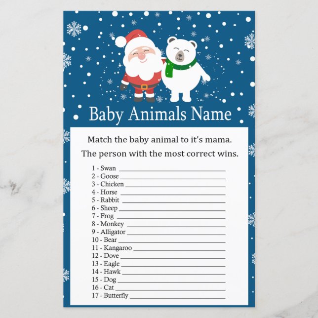 Cute santa and polar bear Baby Animals Name Game (Front)