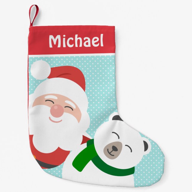 Cute Santa and Polar Bear Personalised Kids Small Christmas Stocking (Front)