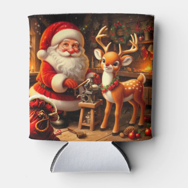 Cute Santa and Reindeer  Can Cooler (Front)