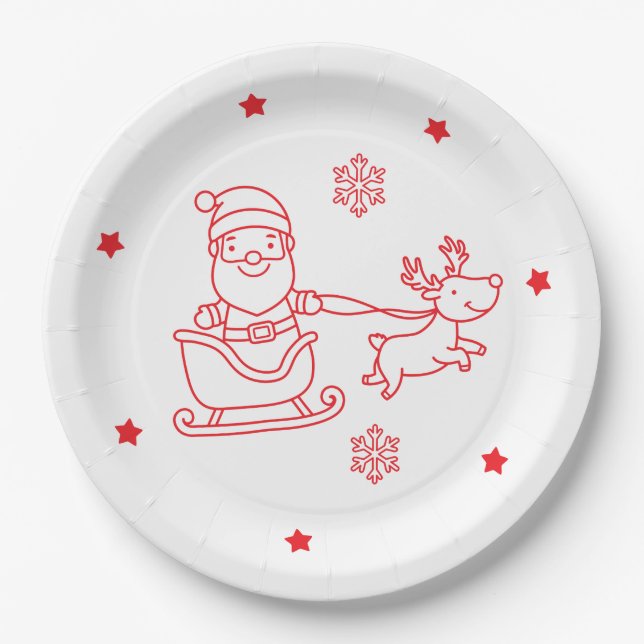 Cute Santa and Reindeer Christmas Paper Plate (Front)