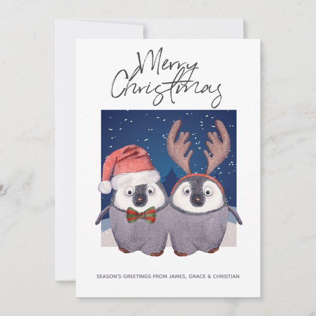 Cute Santa and Reindeer Christmas Penguin Couple Holiday Card (Front)