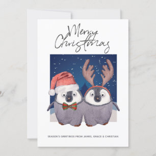 Cute Santa and Reindeer Christmas Penguin Couple Holiday Card