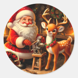 Cute Santa and Reindeer  Classic Round Sticker