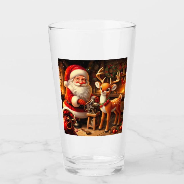 Cute Santa and Reindeer  Glass (Front)