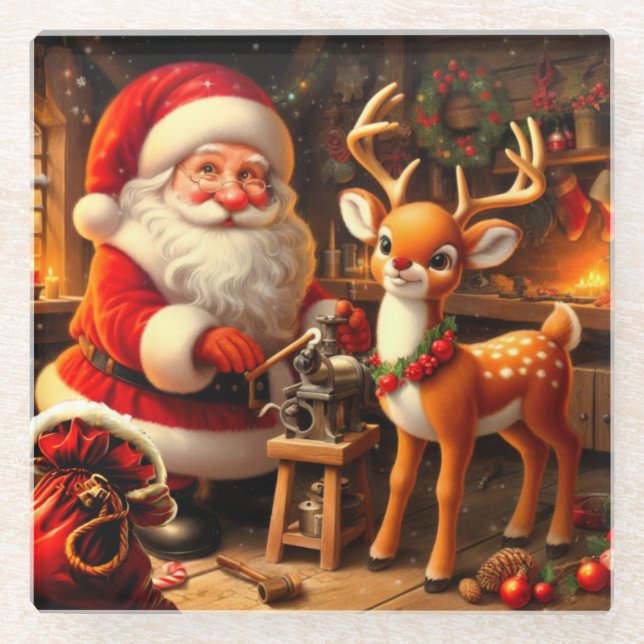 Cute Santa and Reindeer  Glass Coaster (Front)