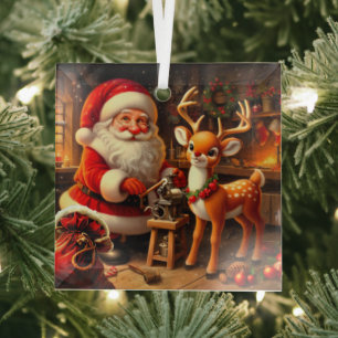 Cute Santa and Reindeer Glass Tree Decoration