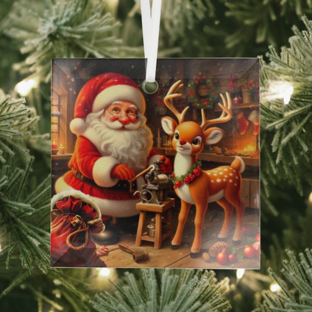 Cute Santa and Reindeer  Glass Tree Decoration (Insitu)