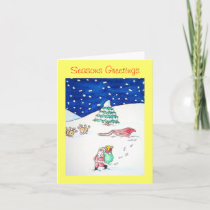 cute santa and reindeer in snow delivering gifts holiday card