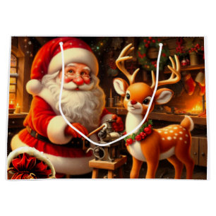Cute Santa and Reindeer  Large Gift Bag