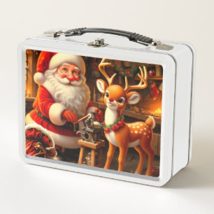 Cute Santa and Reindeer Metal Lunch Box