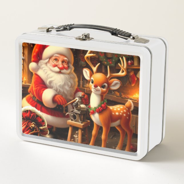 Cute Santa and Reindeer  Metal Lunch Box (Front)