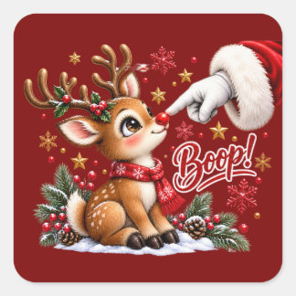 Cute Santa And Reindeer Nose Boop Christmas Square Sticker
