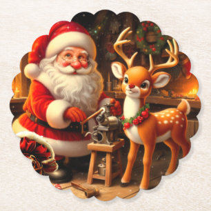 Cute Santa and Reindeer  Paper Coaster