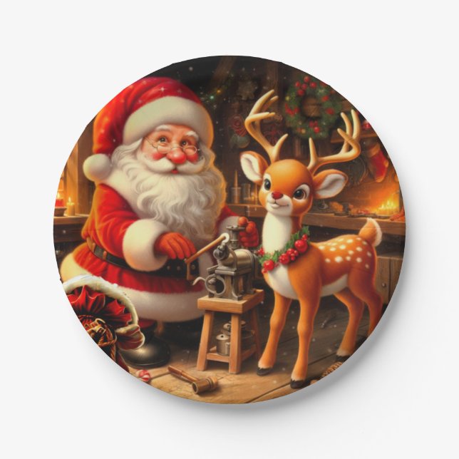 Cute Santa and Reindeer  Paper Plate (Front)