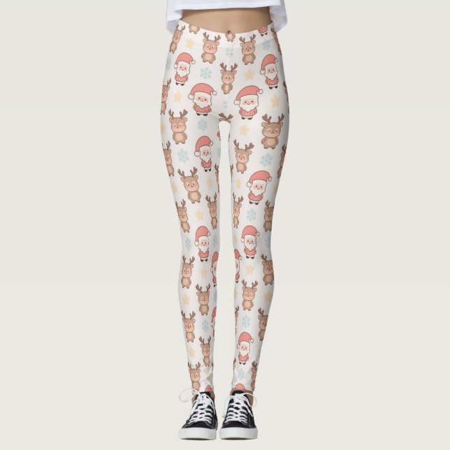 Cute Santa and Reindeer Pattern Leggings (Front)