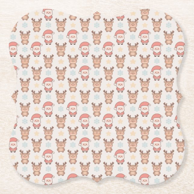 Cute Santa and Reindeer Pattern Paper Coaster (Front)