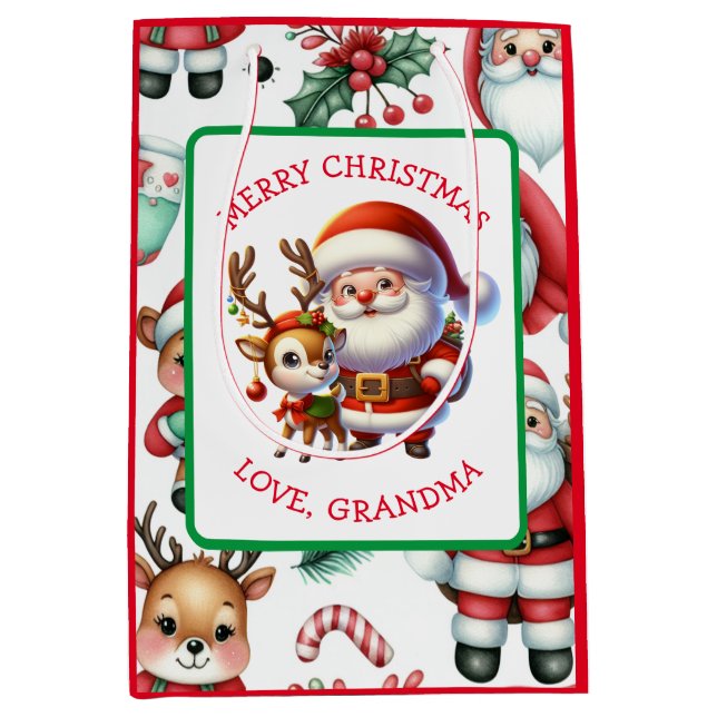 Cute Santa and Reindeer Personalised Christmas Medium Gift Bag (Front)