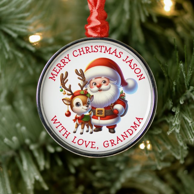 Cute Santa and Reindeer Personalised Christmas Metal Tree Decoration (Tree)