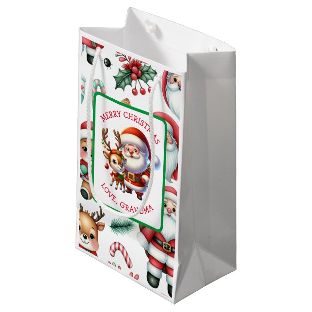 Cute Santa and Reindeer Personalised Christmas Small Gift Bag (Front Angled)