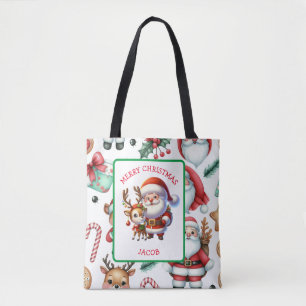 Cute Santa and Reindeer Personalised Christmas Tote Bag