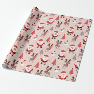 Cute Santa and Reindeer pink Christmas Wrapping Paper