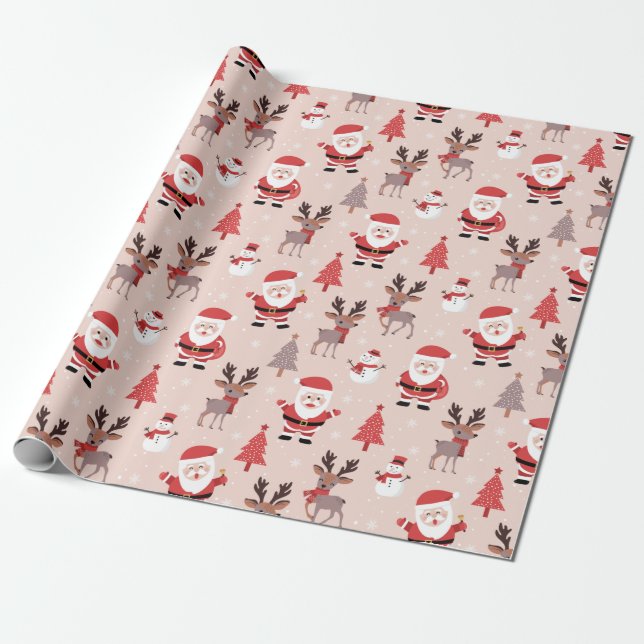 Cute Santa and Reindeer pink Christmas Wrapping Paper (Unrolled)