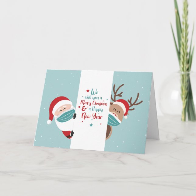 Cute Santa and Reindeer Social Distancing Covid Holiday Card (Front)