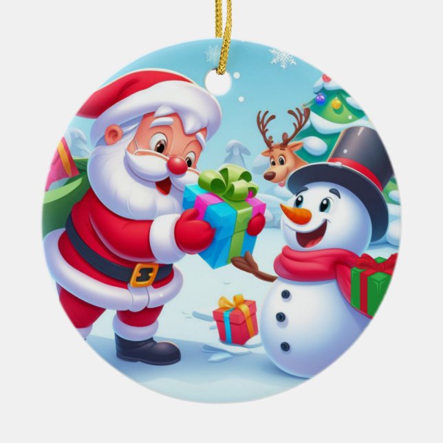 Cute Santa and Snowman  Ceramic Tree Decoration (Front)
