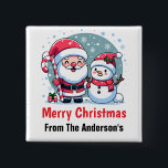 Cute Santa And Snowman Christmas Custom 15 Cm Square Badge<br><div class="desc">A cute whimsical Christmas illustration featuring a jolly Santa wearing his traditional red and white suit and hat, sporting a big white beard and a red nose. He is holding a big red and white striped candy cane and is standing next to a happy snowman. The snowman is also wearing...</div>