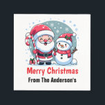 Cute Santa And Snowman Christmas Custom Napkin<br><div class="desc">A cute whimsical Christmas illustration featuring a jolly Santa wearing his traditional red and white suit and hat, sporting a big white beard and a red nose. He is holding a big red and white striped candy cane and is standing next to a happy snowman. The snowman is also wearing...</div>