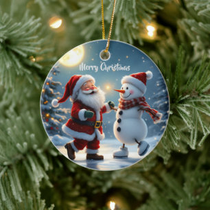Cute Santa and snowman dancing on ice in winter Ceramic Tree Decoration
