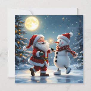 Cute Santa and snowman dancing on ice in winter  Holiday Card