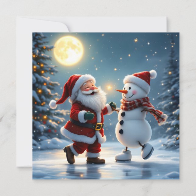 Cute Santa and snowman dancing on ice in winter  Holiday Card (Front)