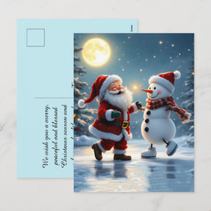Cute Santa and snowman dancing on ice in winter Holiday Postcard
