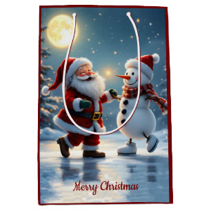 Cute Santa and snowman dancing on ice in winter Medium Gift Bag